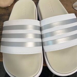 Adidas White and Silver Striped Slides